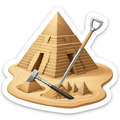An icon showing archaeological tools like a trowel, brush, and pickaxe placed on sandy ground, with an Egyptian pyramid in the background. The design symbolizes excavation and discovery of ancient history, blending tools and iconic landmarks. Transparent background. sticker