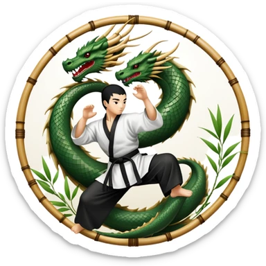 An icon symbolizing Eastern martial arts in the style of an emblem, featuring a black-and-white Yin-Yang symbol and a dragon at the center. A martial artist is performing a fluid kick, surrounded by elements like a dojo and bamboo. Transparent background highlights balance and power. sticker