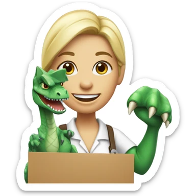 Female Dinosaur realtor holding a for sale sign sticker