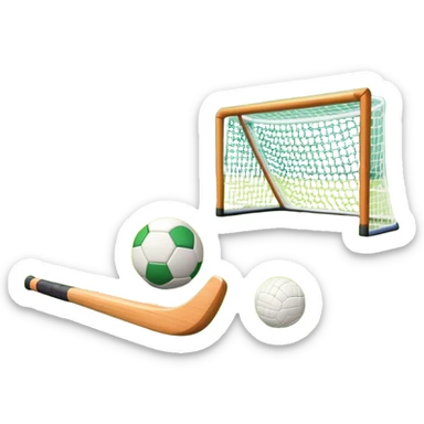 A field hockey stick and ball resting on a well-maintained green grass field, with the goalposts and markings visible in the background. The scene highlights the precision and focus of the sport, with the vibrant green pitch creating a dynamic atmosphere. sticker