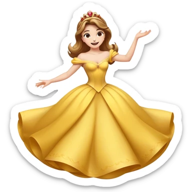 Cinematic Playful Belle Portrait Emoji, Spinning joyfully in her ball gown, arms outstretched, a radiant smile lighting up her face, exuding an enchanting blend of fun and elegance! sticker
