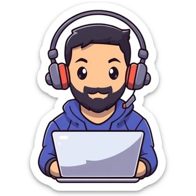 Serious male gamer with black hair, brown eyes, black beard, gaming headset sticker