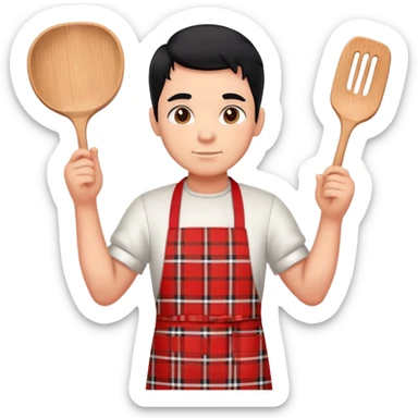 big boy with black hair all up, wearing a red and white plaid apron sticker