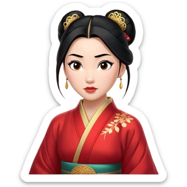 Cinematic Realistic Majestic Mulan Portrait, featuring finely rendered light skin with natural luminescence and expressive, determined eyes. Her black hair is styled with care into an elegant bun, and every fold of her traditional robe—adorned with subtle red motifs and refined gold trim—is depicted with intricate fabric detail. The scene is bathed in soft, natural light that enhances the depth and authenticity of the image, conveying a noble and serene aura that embodies timeless elegance and inner fortitude. sticker