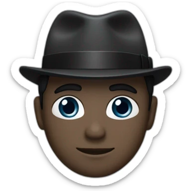 Man with cobalt black/grey skin wearing a black formal suit with a black tie, wearing a fedora with a white accent color, and white pupils. sticker
