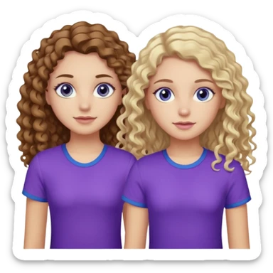 Twin sisters, one has brown eyes, long curly brown hair, the other one has blue eyes and straight blond hair purple top sticker