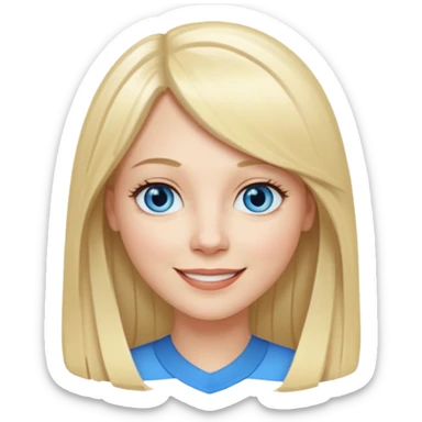 40 yr old white woman, pale skin, long straight blond hair parted in center, blue eyes, bangs sticker