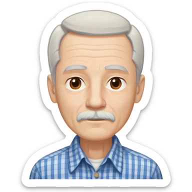 Thin elderly man with light skin. Elongated face with kind expression. Light brown eyes. Thin eyebrows. White goatee and white mustache. Fine straight gray-white hair combed back with some bangs falling on forehead. Slim build. Wearing a blue and beige checkered button-up shirt. sticker