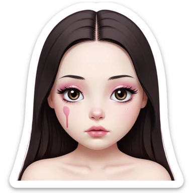 girl with white skin, dark brown long realistic straight hair with middle part prominently falling in front of her body over her shoulders, very big pouty extra shiny lips with absolutely no cupid's bow, big round shiny eyes with black eyeballs and huge eyelashes, no eyeshadow, pink blush on cheeks, lighter button nose, extremely long oval-shaped face, wearing a pink off-shoulder top, looking directly at camera with hands down at sides sticker