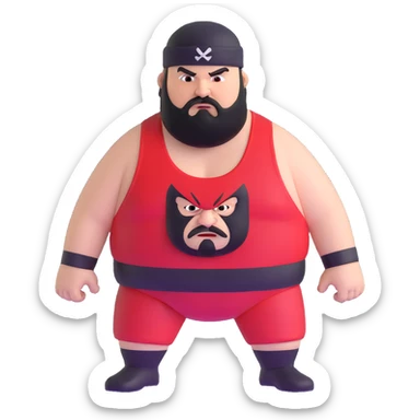 White skin fat guy with prominent black durag, black beard, black eyes in a red and black wrestling singlet with angry face sticker