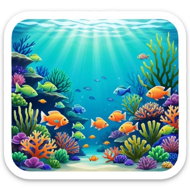 underwater seascape image capturing the beauty of the ocean depths. Include coral reefs, exotic fish, gree aquatic plants, "colorful fish, filtering through the water to create dramatic lighting and a play of colors sticker