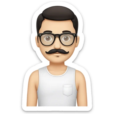 Emoji de un hombre con bigote, gafas de sol pequeñas, pañuelo negro con estampado blanco, camiseta sin mangas beige y bandolera negra. sticker