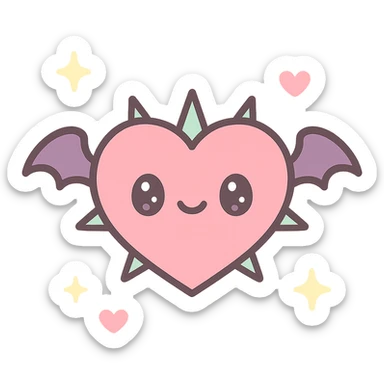 black gothic heart with metallic spikes and very tiny gothic bat wings, ornate, dark, elegant, kawaii style sticker