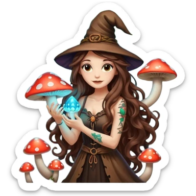 cute forest witch woman long wavy brown hair tattoos hugging glowing mushroom sticker