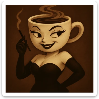 Change the coffee cup woman's expression to mischievous, with a sideways glance and a sly smile. Keep the original style and character, only modify the eyes and mouth, preserving the original style and look. sticker