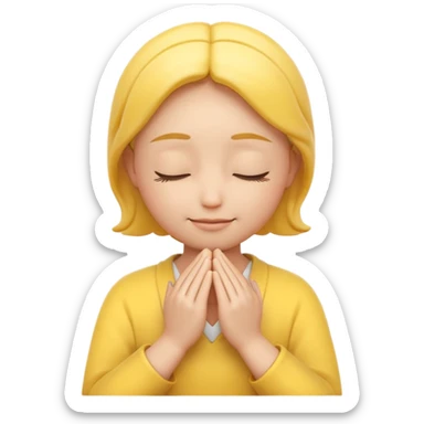 A 3D Apple-style yellow round emoji, calm and patient expression, closed eyes with a gentle smile, hands together in front as if waiting or praying, soft relaxed eyebrows, subtle glow around the head to symbolize patience, clean minimal background sticker