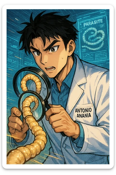 A dynamic manga/webtoon-style illustration of a young male kinesiologist wearing a clean white lab coat, analyzing light beige worms like a tapeworm under a magnifying glass. His expression is focused and slightly intrigued, with sharp, detailed eyes. The art style is vibrant, with bold linework, rich colors, and dramatic lighting. The background is a futuristic laboratory with glowing holographic screens displaying parasite data. The tapeworm is intricately drawn, slimy and segmented, with a slightly exaggerated yet realistic texture. The composition is dynamic, with motion lines or energy effects to emphasize his scientific investigation. The atmosphere is intense but not dark, keeping a balance between scientific seriousness and stylish manga aesthetics, he has "ANTONIO ANANIA" WRITTEN ON WHITE LAB COAT sticker