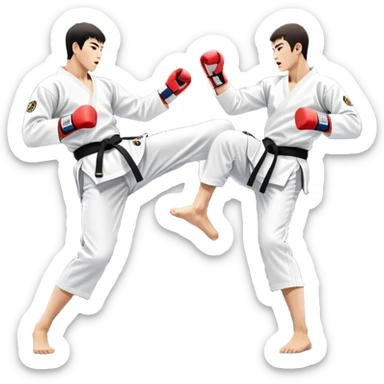 Two taekwondo fighters in traditional white doboks with black belts. One delivers a powerful kick, while the other defends by blocking with his knee. The background shows a professional arena with bright lights and an excited crowd. Transparent background highlights the intense action sticker