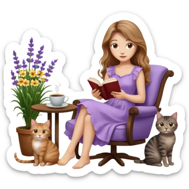 a woman with long light brown wavy hair and light brown eyes reading a book, sitting on a comfortable reading chair, two cats (one black cat and one brown tabby cat) beside her, small table with a cup of coffee, garden setting with lavender flowers around her sticker