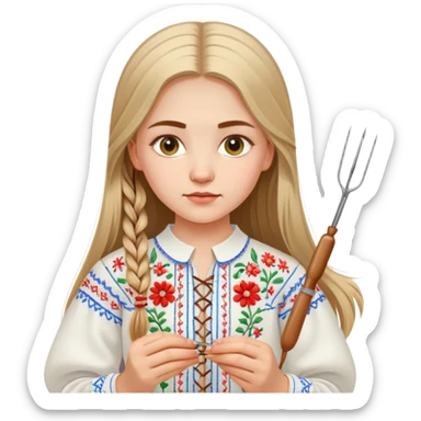 Ukrainian young girl with long hair wearing a white embroidered traditional shirt (vyshyvanka) holding sewing tools like a needle and thread sticker