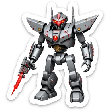 An all Grey metal evil mega zord tech bot with blood and glowing eyes in the style of your bleeding skull art, full body, rushed and worn from surviving the apocalypse, mostly Grey but splattered with blood, in a futuristic steam.punk cyber punk style sticker