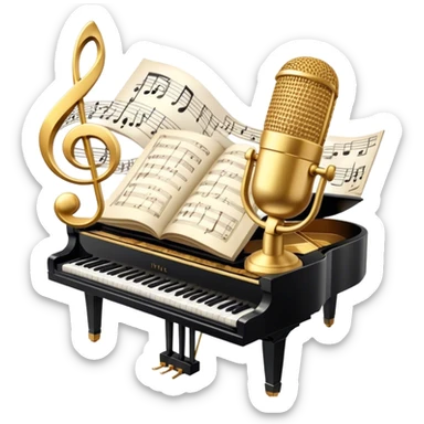 Create an elegant and refined emoji that represents classical or academic vocal performance. The design should feature a microphone, sheet music with musical notes, and a treble clef to symbolize the vocal artistry and music theory behind academic singing. Add subtle elements like a vocal warm-up chart or a grand piano to reflect the classical training. Use classic colors like gold, silver, and deep blue to emphasize sophistication and professionalism. The background should be transparent. sticker