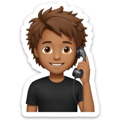 generate a pretty tan bratz boy with brown messy hair smiling while talking on call. Wearing a black tshirt sticker