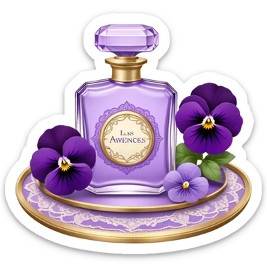 An ornate glass perfume bottle, filled with a delicate violet-hued elixir, rests on a lace-covered vanity tray, surrounded by pressed pansies in shades of lavender, plum, and amethyst, their petals softly curling with time. A worn leather-bound poetry book, its pages kissed with faded lilac ink, lies open beside it, exuding whispers of forgotten verses and fleeting romance sticker