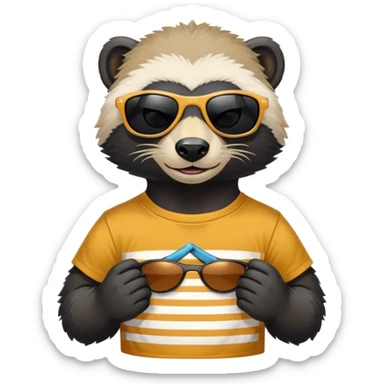 friendly anthropomorphised honey badger, close crop showing head, neck, and top of t-shirt with a graphic print, wearing sunglasses sticker