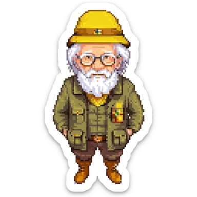 An elderly man with white hair and beard, wearing glasses and a yellow explorer hat sticker