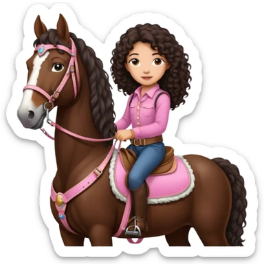 Realistic mixed race girl with long dark brown curly hair, riding a big shire draft horse, wearing pink harness and saddle  sticker