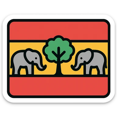 flag inspired by Spain's national colors, syrissa tree in the middle, elephants on both sides, clean symbolic look sticker