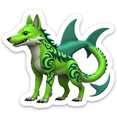 Edgy cool badass Neon-green landhai-sergal-dingo-hyena-wolf-raptor, with a shark tail, with black and dark-green swirly patterns markings sticker
