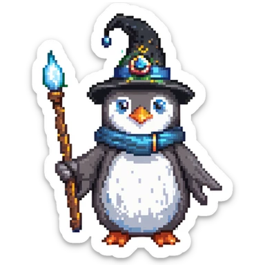 Penguin dressed as a wizard with a magical wand and pointy wizard hat sticker