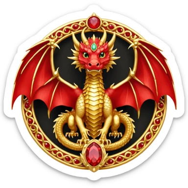 Golden Dragon with wings crest/brosch in a circle with red gems sticker