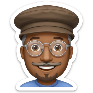 Brown man smiling no teeth showing with hat, clear glasses and gray goatee sticker
