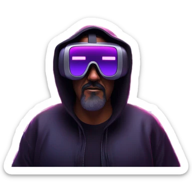 Big Lebowski wearing a black hoodie with "OMG" letters on it and VR headset oculus quest 2 in a cyberpunk VR environment with violet neon lighting. sticker
