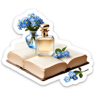 A tender and romantic arrangement of a vintage glass perfume bottle with a golden cap, placed next to a silk-bound book of poetry, with white roses and blue forget-me-nots artfully scattered around.
 sticker