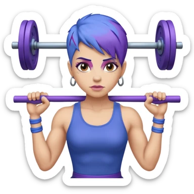 weight lift woman short blue purple har muscles bar is not growing from head sticker