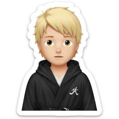 Create a blond boy with long, messy hair, light eyes, a white t-shirt, rich, with long hair, blue eyes, medium-length, voluminous hair, wearing a black Nike bathrobe and a little blush near his nose. and with a balaclava like a ninja and with freckles sticker