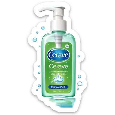 `CeraVe-shaped white rectangular pump bottle with soft green label and blue “CeraVe” stripe. Surrounded by floating water bubbles, glowing light particles, and a gentle green mist. Feels like a calm hydration spell in a bottle. Clean, glossy, emoji-style.`
 sticker
