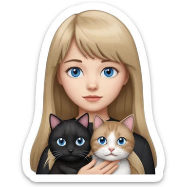 Apple-style emoji sticker of a young woman with long dark blond hair and bang, blue eyes , holding a cat black and white sticker