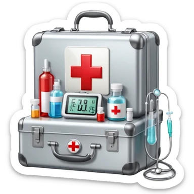 An icon featuring a medical suitcase with a red cross, a bottle of pills, a stethoscope, and a syringe, symbolizing medicine. The design includes a thermometer, bandages, and a heart monitor, representing healthcare and medical treatment. Transparent background highlights the science of healing. sticker