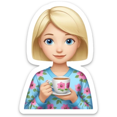 Blue eyed girl with short blond hair in floral pijamas is holding a cup of tea sticker