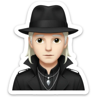 Male Goth with Fedora
 Sleek long hair, white skin, black trench coat, silver necklace visible under coat, white long hair sticker