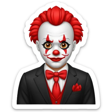 Crea un payaso con cara blanca que tenga en la frente una a en la cabeza, tengo unos cuernos negros y que en el cuerpo tengo un traje negro con rojo sticker