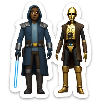 jedi human-sized darkblue-pearl friendly bounty hunter c3po droid wearing a leather wild west duster coat holding light saber ready to fight but relaxed. antique sticker