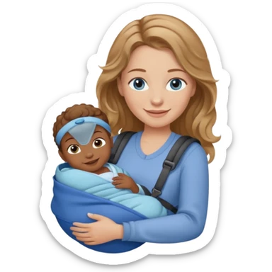 Caucasian woman with light brown wavy hair and blue eyes and dark skinned one newborn in carrier sticker