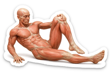 CORPO UMANO ANATOMICO REALISTICO CHE SVOLGE UN ESERCIZIO DI MOBILITà ALLE ANCHE, iperrealistico 4k sticker