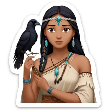 Cinematic Realistic Pocahontas Portrait, depicted with lifelike skin texture, soft natural lighting, and intricately detailed long, flowing raven-black hair that moves gracefully in the wind. Her deep, soulful dark brown eyes exude wisdom and strength, complemented by a serene yet powerful expression. She is shown gently holding a feather in one hand, her other hand resting lightly at her side, embodying the harmonious balance between nature and herself. She is dressed in her classic one-shoulder native American dress, with rich fabric textures and delicate beaded details that catch the light beautifully. The portrait features a soft, sun-kissed glow with a natural, radiant finish, capturing the essence of untamed beauty and deep connection to nature in a realistic and painterly style, evoking a sense of depth and authenticity. sticker
